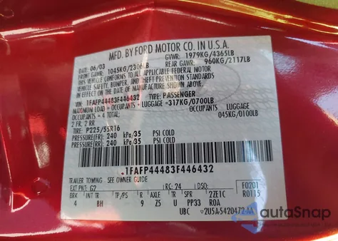 2003 Ford Mustang z USA, uszkodzony, nr VIN 1FAFP44483F446432